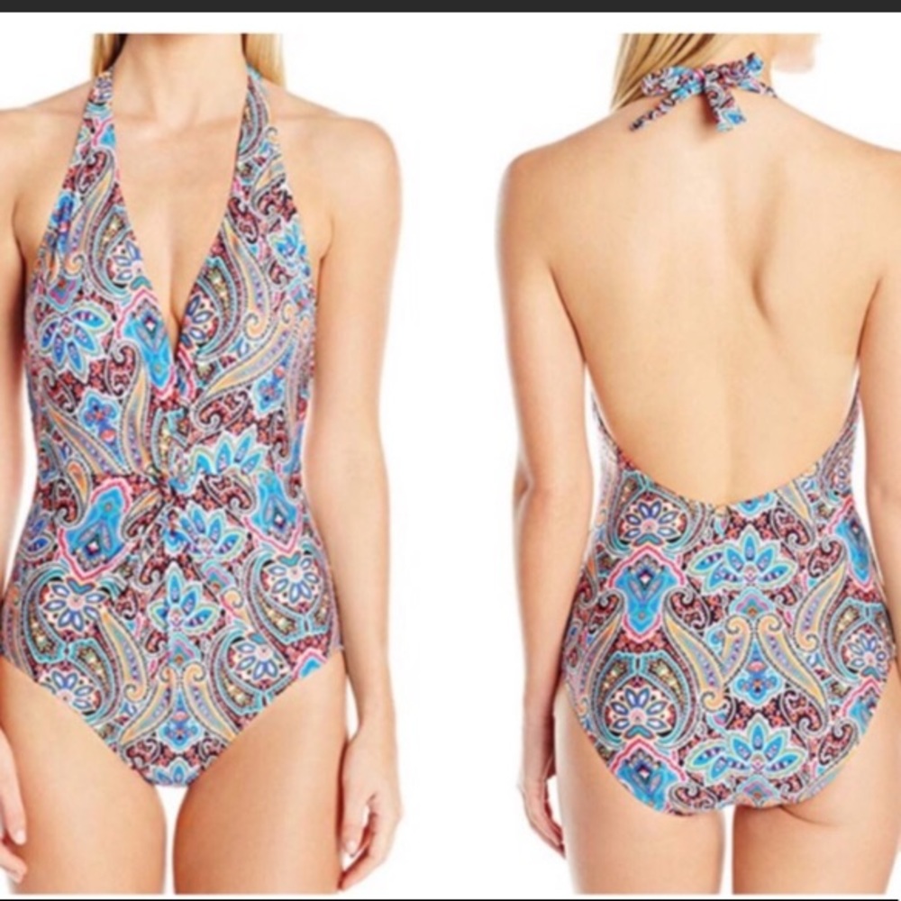 Jantzen Paisley Halter Plunge One Piece Swimsuit